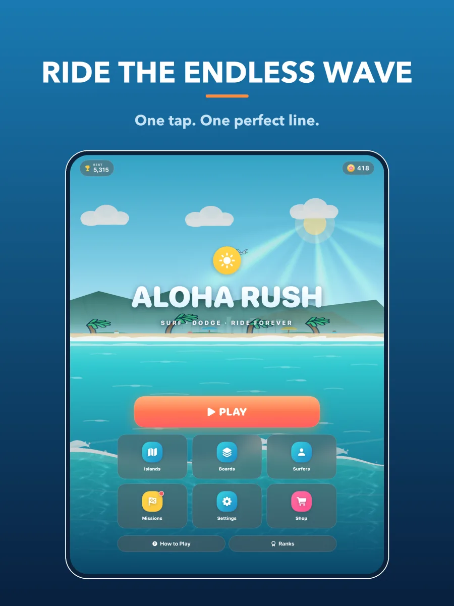Aloha Rush on iPad: the main menu at tablet width.