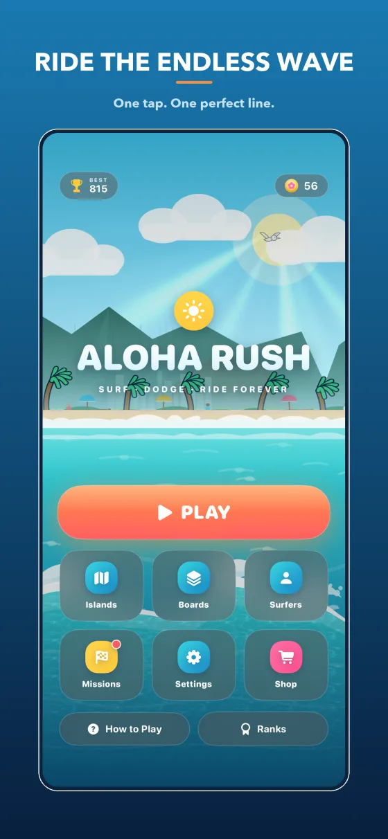 The main menu, showing the surfer on the wave with the current island and score.