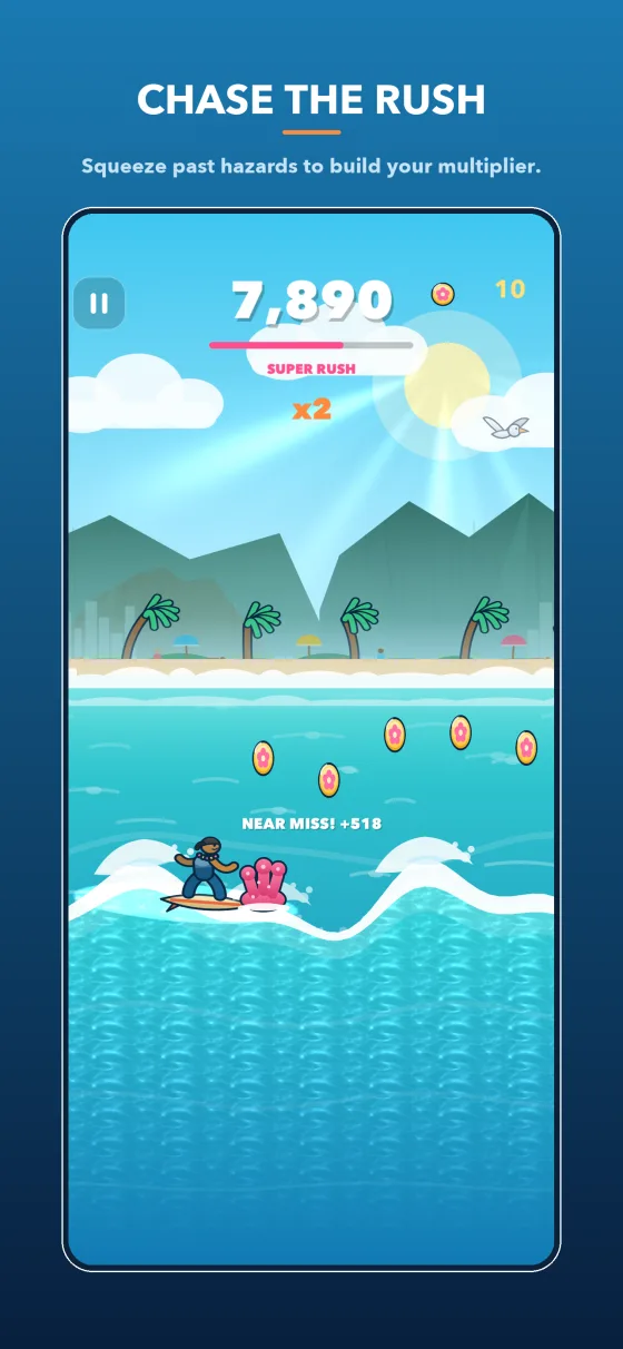 Gameplay: the surfer threading a gap between hazards as the near-miss multiplier fires.