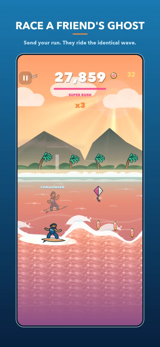 Ghost racing: a translucent ghost surfer rides ahead on the same wave, with the gap shown at the top of the screen.