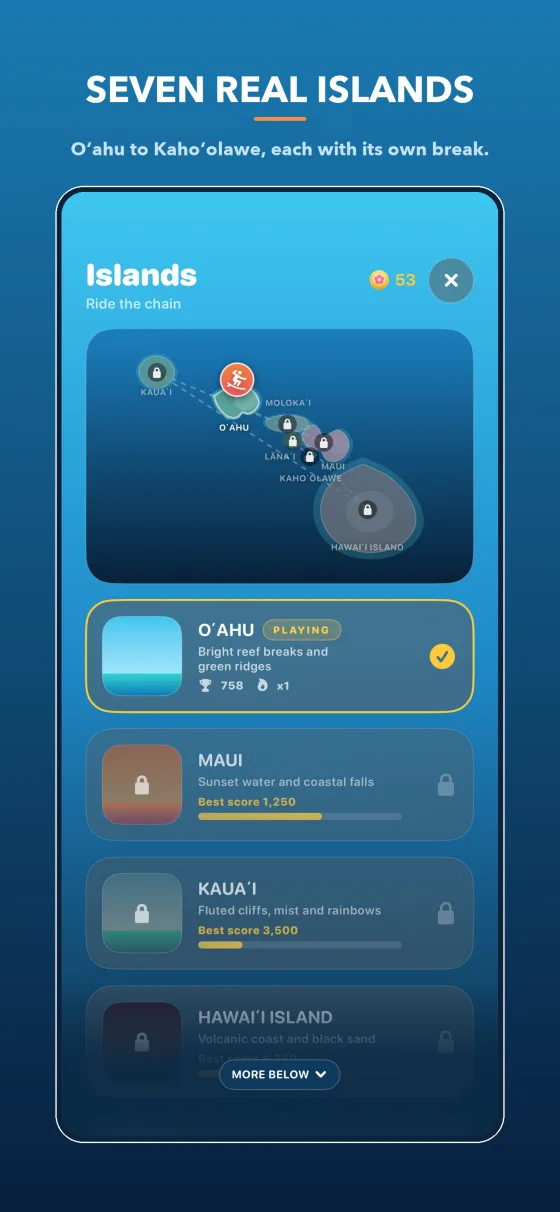 The island chart, showing the seven Hawaiian islands and which are unlocked.